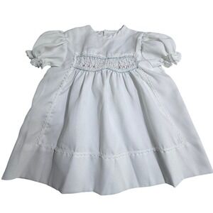 VTG Polly Flinders Hand Smocked Baby Dress White Blue Stripe Puff Sleeve Size 4T